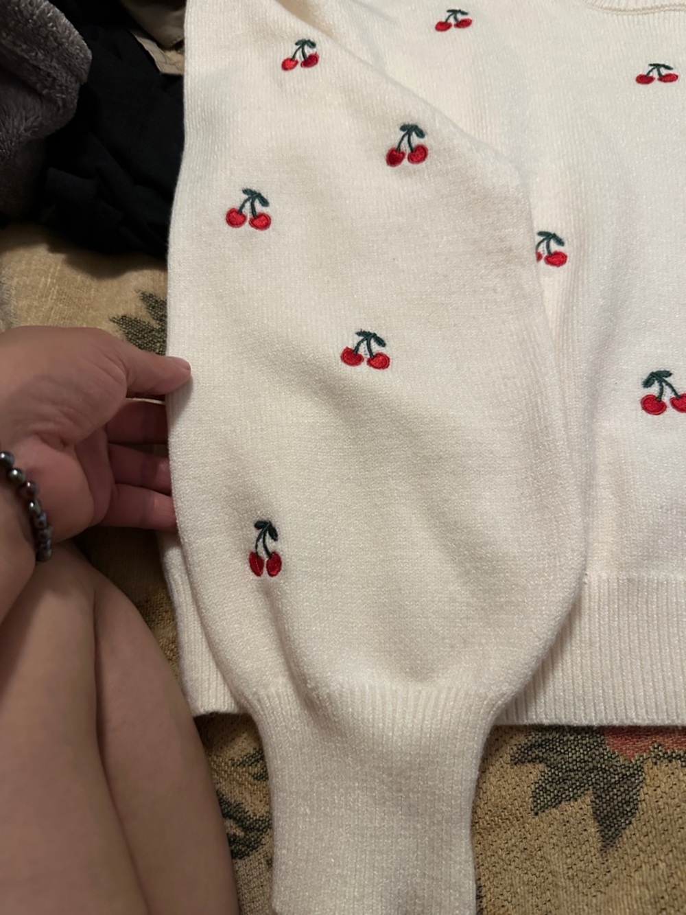 Jessica Simpson Cream Crewneck Sweater with Red Cherry Embroidery - Picture 3 of 8